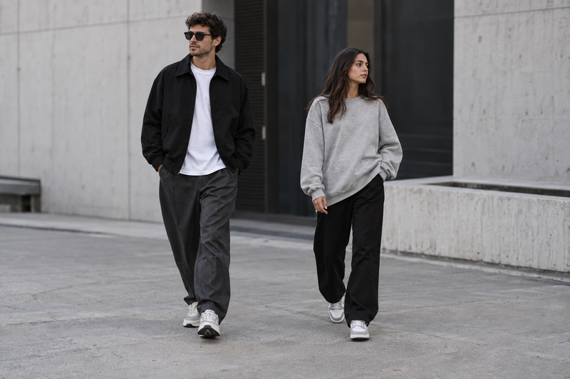 Visual editoriale generato: uomo e donna in abbigliamento streetwear, ambientazione urbana